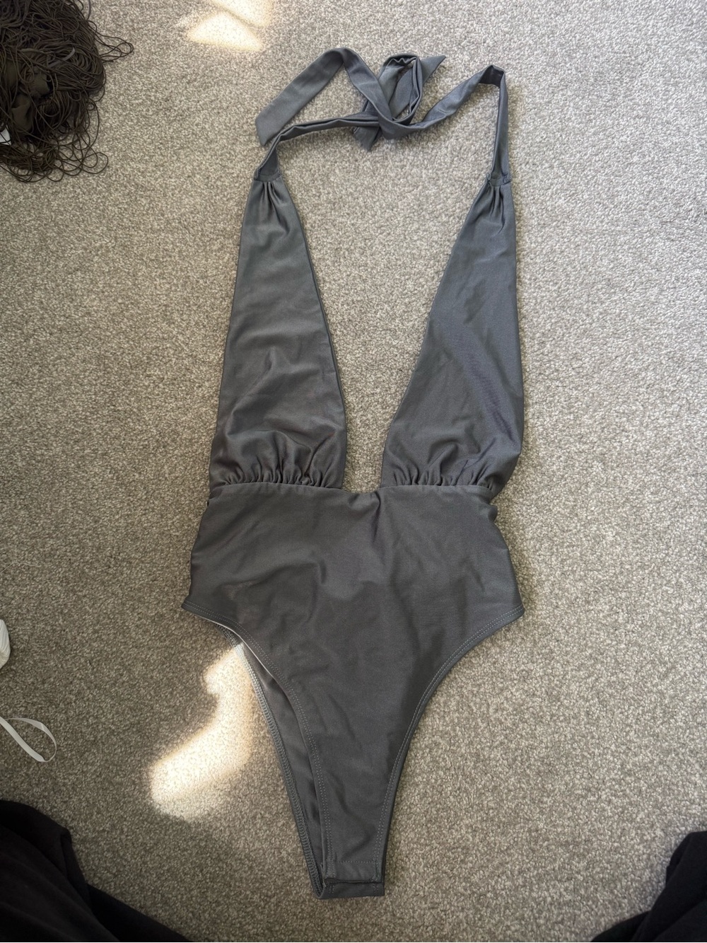 Edikted Deep V Halter Bodysuit - Charcoal Gray